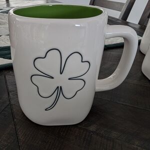 Rae Dunn White Mug with Green Interior and Clover Design